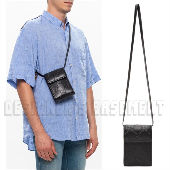 GUCCI black GG TENNIS smooth Perforated GUCCISSIMA Leather CrossBody PHONE bagπ - Picture 11 of 11